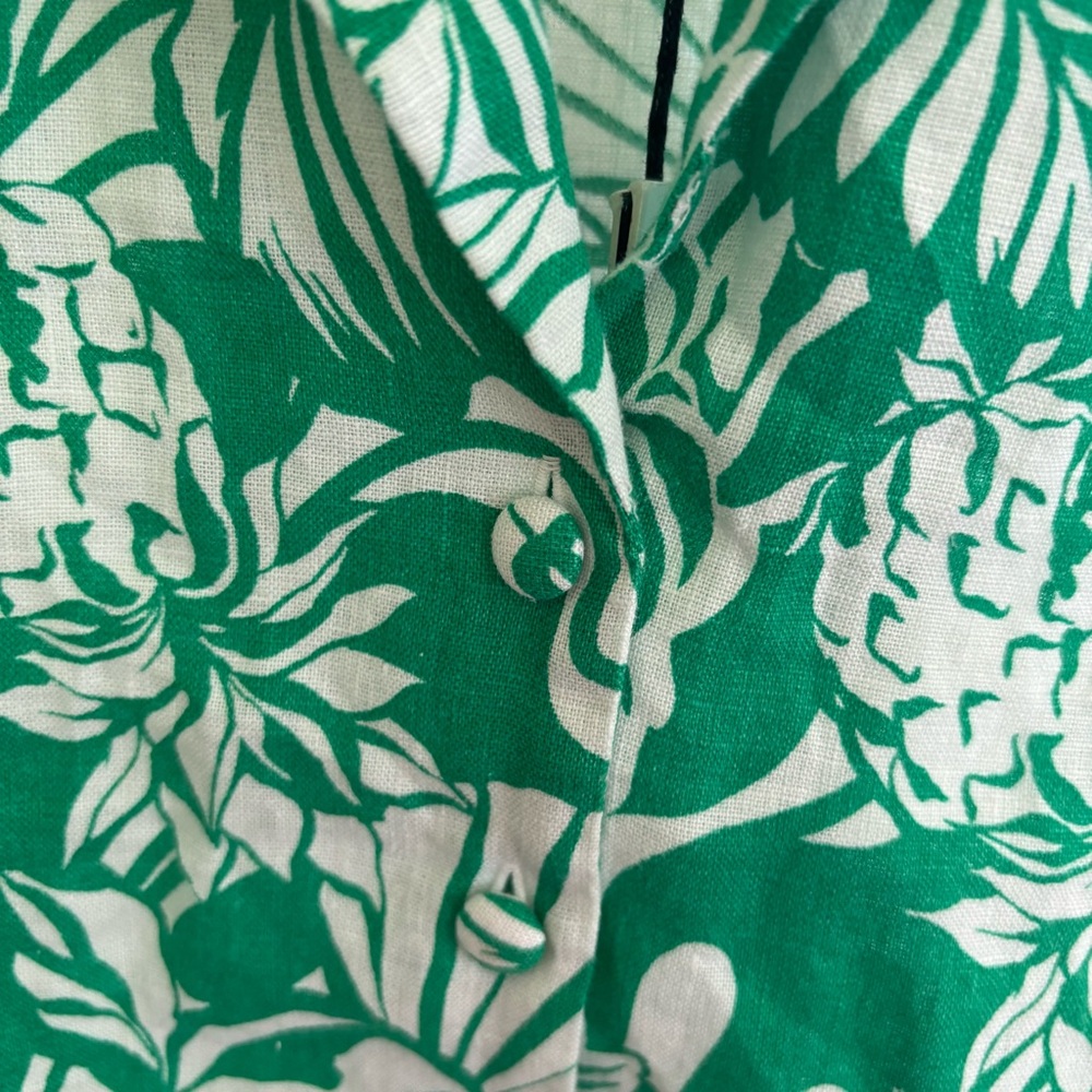 NWT Nicole Miller Women Med Preppy Linen Green Cropped Hawaiian Button Up Shirt - Picture 8 of 10